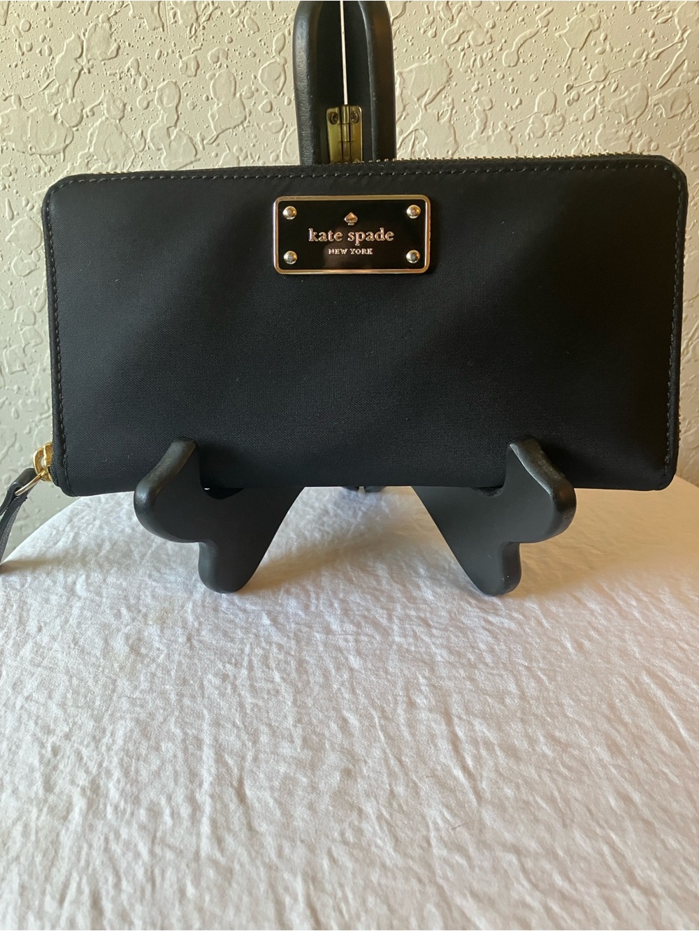 Kate Spade: Black Nylon Accordion Zip Wallet- Gold Tone